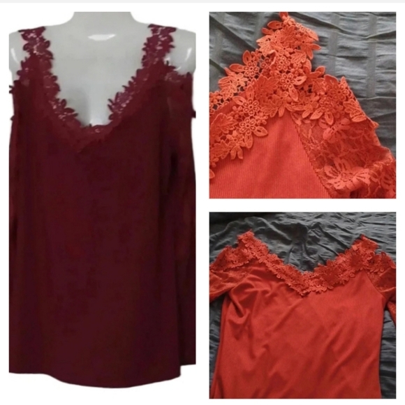 💙🏍Burgundy top  Pickaboo Short Sleeves and lace - Picture 1 of 9